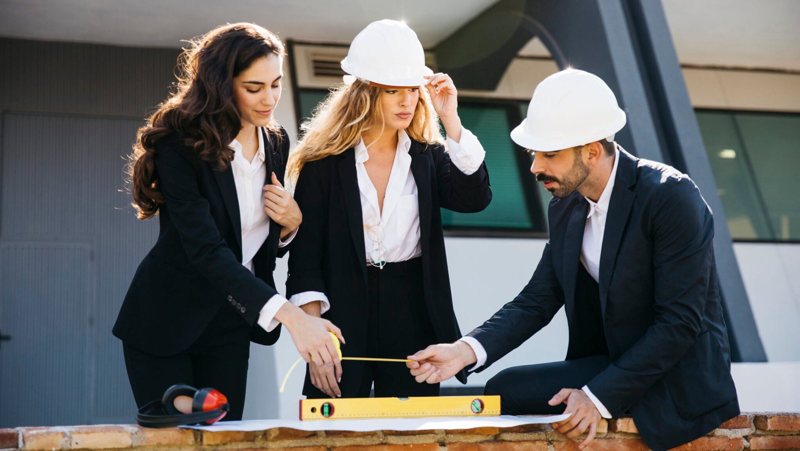architects wearing helmets with level