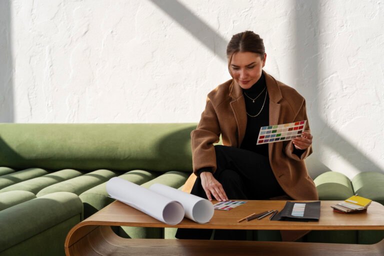 front view woman working as interior designer