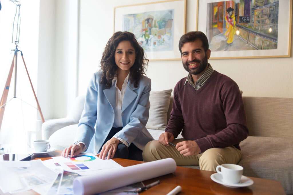 happy interior designer and client discussing renovation