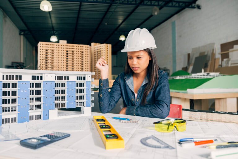 pensive african american woman safety helmet near model building
