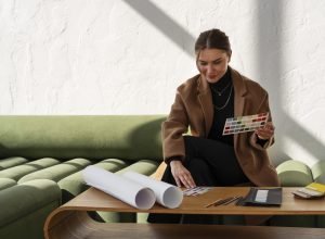 front view woman working as interior designer